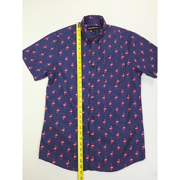 Molokai Medium Men Navy White Polka Dots Flamingo Short Sleeve Button Down Shirt - Picture 10 of 11